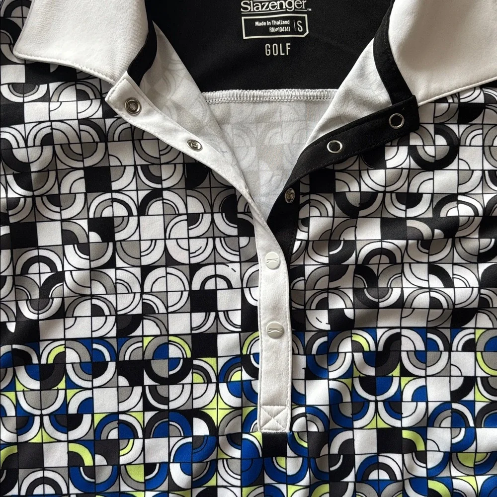 Slazenger Black White Blue Green Sleeveless Geometric Pattern Golf Polo small - Picture 5 of 7